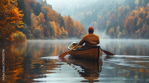 Man in an old wooden canoe rowing on the calm lake with autumn foliage photo