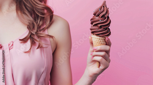 Woman holding tasty chocolate covered ice cream