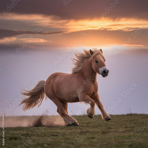 Galloping chestnut pony on a sunset background photo