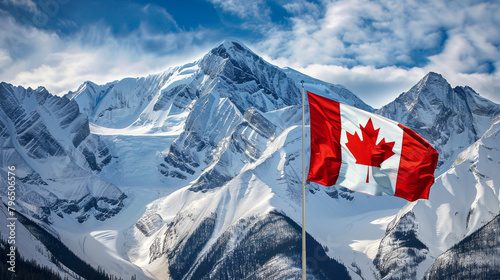 Canadian Flag The red and white maple leaf flag of Canada waving proudly against a backdrop of snow-capped mountains symbolizing diversity tolerance and natural beauty