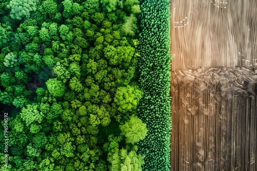 The Contrast Between a Lush Forest and Farmland Highlights the Impact of Deforestation. Concept Deforestation Impact, Lush Forest, Farmland Contrast, Environmental Awareness, Nature Preservation