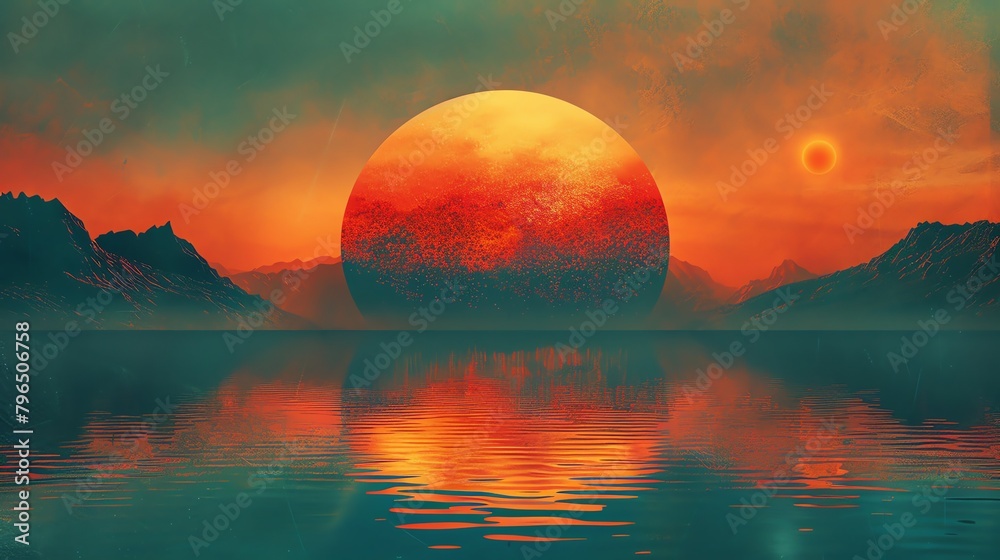 An illustration of a sunset over a body of water