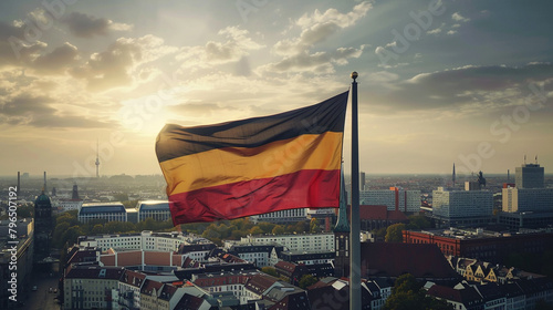 German Flag The black red and gold flag of Germany flying high over a bustling cityscape representing unity democracy and the strength of the nation