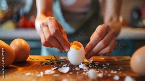 Woman peeling boiled egg at wooden table closeup photo