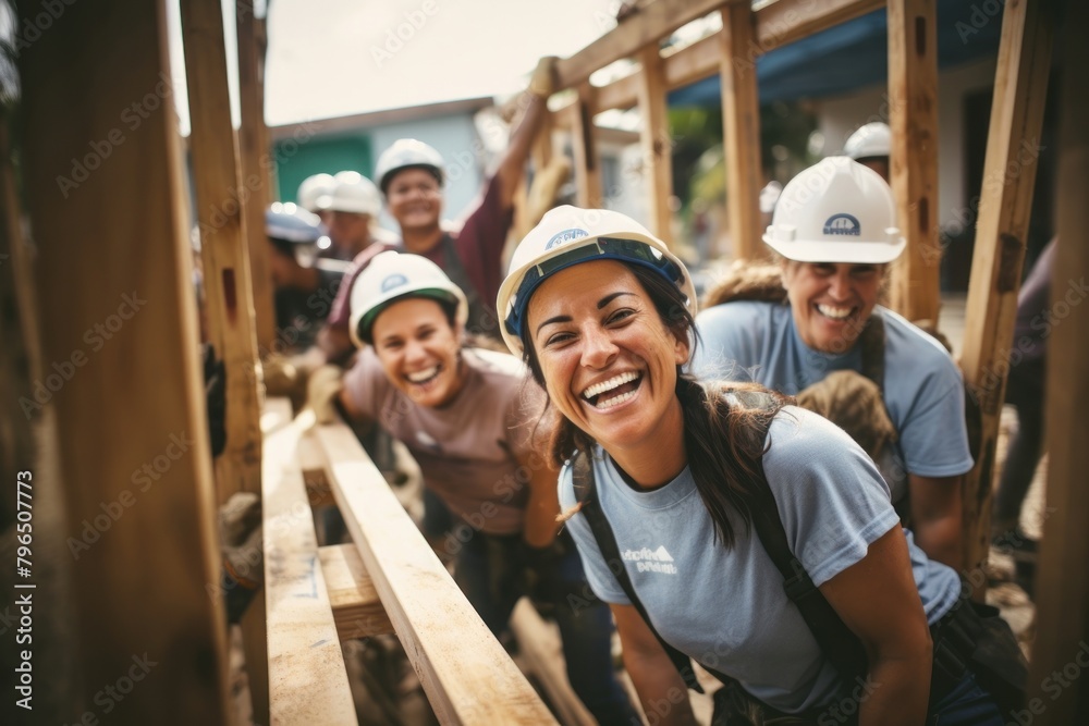 Smiling volunteers laughing hardhat helmet Smiling volunteers laughing hardhat helmet
