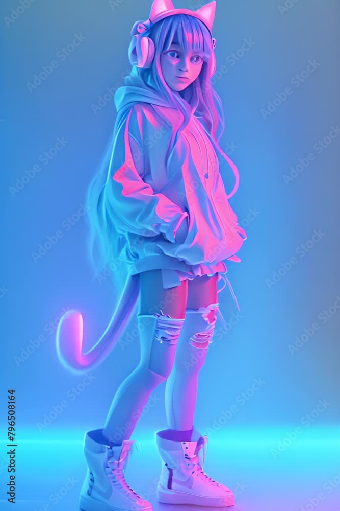 a video featuring a girl with gradient hair and cat ear headphones rendered in a 3D production environment, with soft lighting and a neon background. a video featuring a girl with gradient hair and cat ear headphones rendered in a 3D production environment, with soft lighting and a neon background.