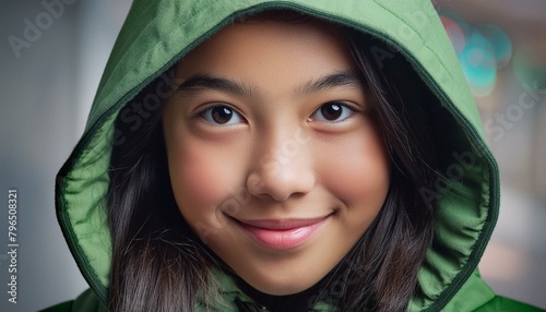 a young girl wearing a green hoodie 