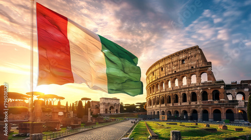 Italian Flag The green white and red tricolor flag of Italy waving in the breeze against the backdrop of historic Roman ruins symbolizing unity heritage and the rich cultural legacy of the nation photo