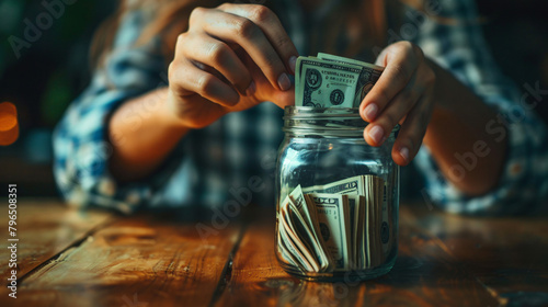 Woman putting dollar banknotes into jar on table