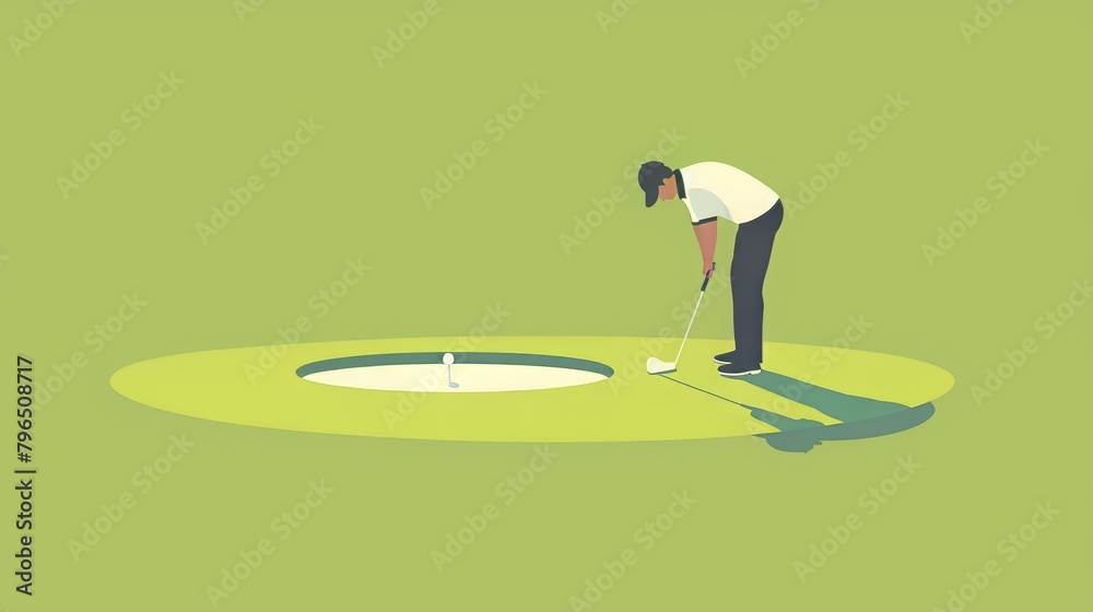 Obraz premium minimalist illustration, flat design, man playing golf on the green, putting his ball into the hole, copy and text space, 16:9