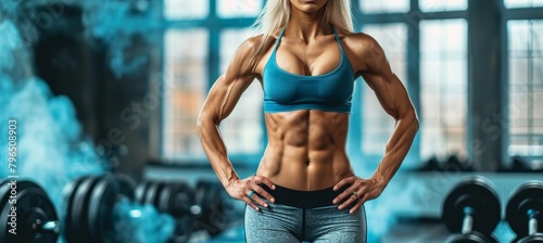 Muscular female bodybuilder posing against stylish background, young athlete showing strength