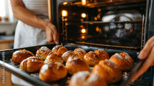 Woman taking baking tray with buns from oven in kitche photo