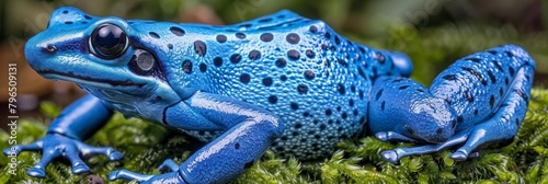 Detailed close up of azureus dart frog dendrobates tinctorius on lush green moss photo