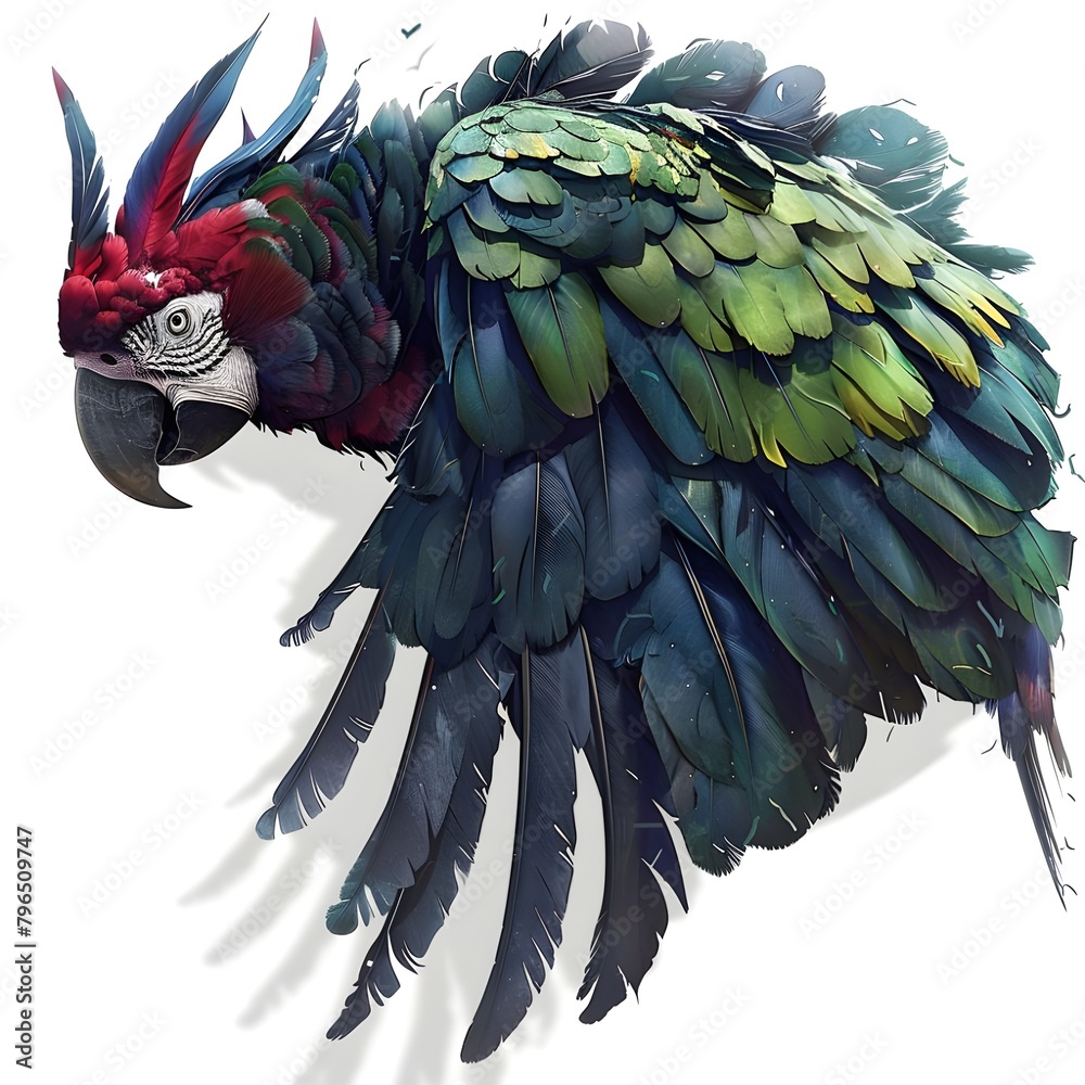 Fototapeta premium a colourful parrot on a white background,Brightly coloured parrot flying over a tropical beach,A colourful parrot with a red and blue tail on white background