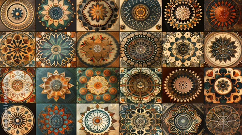 Mandala patterns in earthy tones, arranged in a grid on a square background. © Najaf
