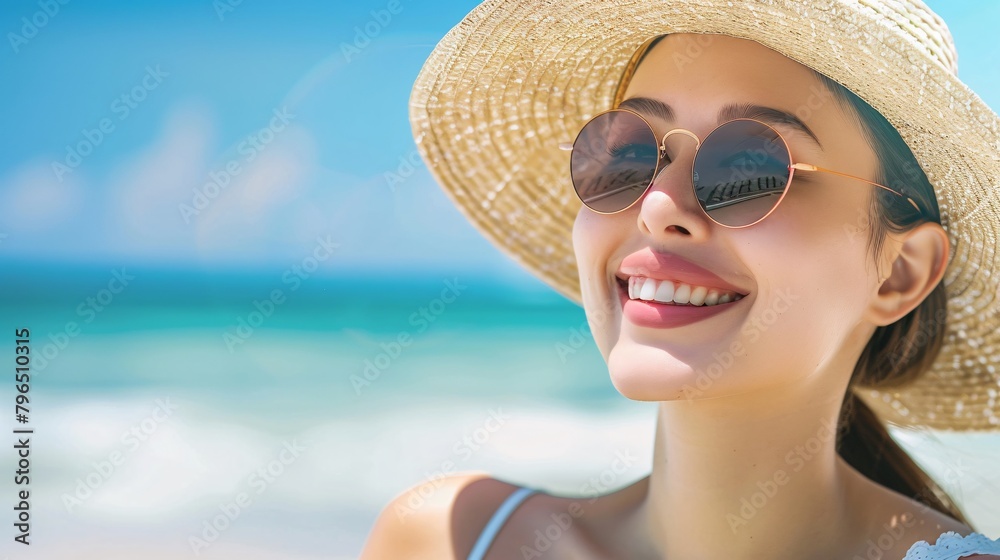 summer holidays, vacation, travel and people concept - smiling young woman in straw hat and sunglasses over beach background.