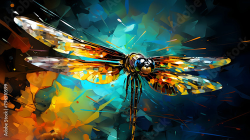 A close up of a dragonfly with a colorful background