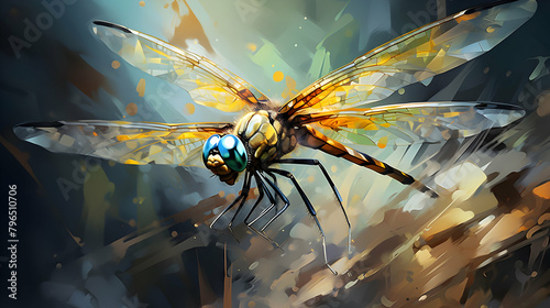 A dragonfly is flying abstruct background