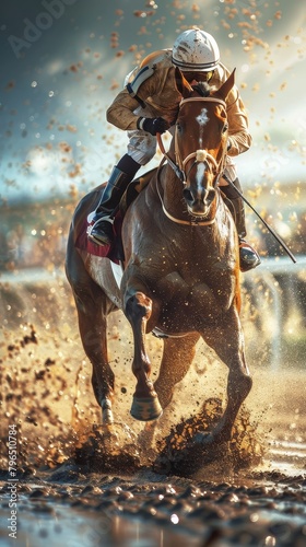 A jockey is riding a horse in a muddy field © Natthakan
