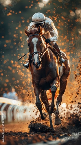 A horse is running in the mud with a jockey on its back