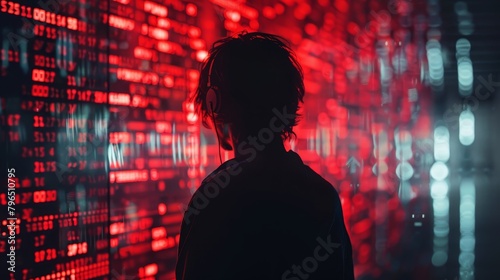 A man stands in front of a wall of red numbers