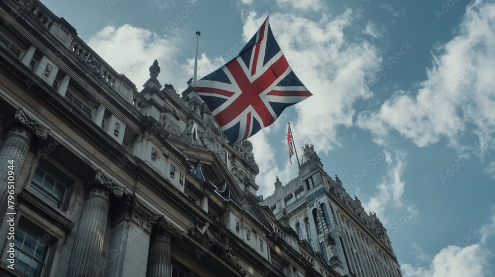 United Kingdom Flag The Union Jack flag unfurled atop a historic building its bold red white and blue design evoking a sense of tradition unity and heritage