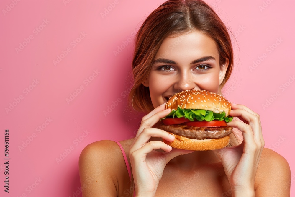 Girl enjoying tasty hamburger on soft pastel backdrop with room for text placement