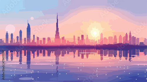 Vector Colourful panoramic cityscape of Dubai with si