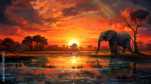An elephant in the sunset with the moon in the background