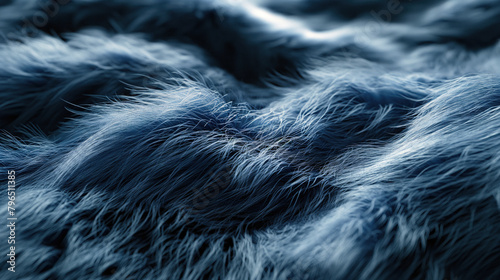 Texture of fur and wool in macro close-up. Detailed clear fibers of factory material. Particles of fabric and textiles, shimmer of light and shine. Volumetric wavy surface with reliefs in blue tones.