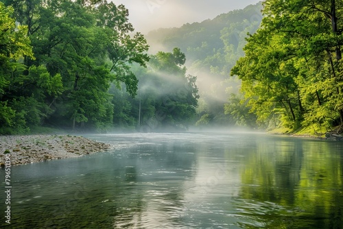 Enchanted River Morning: Misty Veil and Lush Greenery