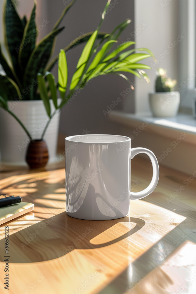 A white coffee mug sits on a wooden table next to a potted plant A white coffee mug sits on a wooden table next to a potted plant