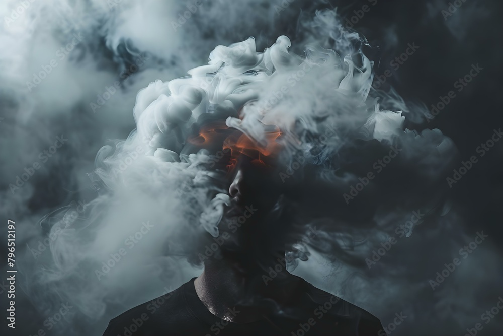 Symbolism of a Man with Smoke from His Head: Stress, Mental Health, and Burnout. Concept Symbolism of Stress, Smoke from Head, Mental Health, Burnout Symbolism of a Man with Smoke from His Head: Stress, Mental Health, and Burnout. Concept Symbolism of Stress, Smoke from Head, Mental Health, Burnout