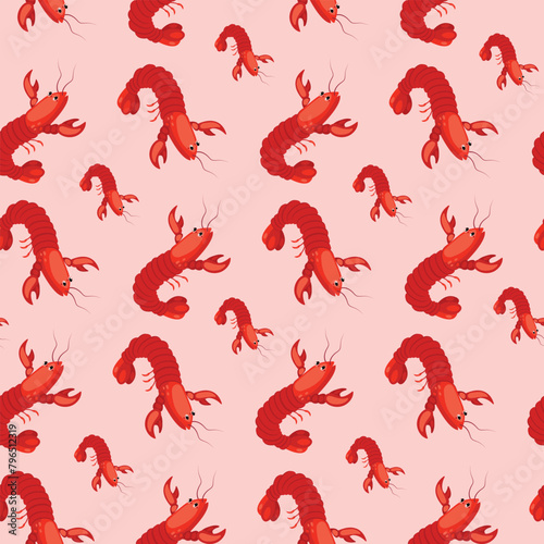 Crawfish pattern seamless marine, great design for any purposes.Sea animal style. Colorful pattern for fabric and paper, invitations, cards. Doodle vector illustration of red lobsters. © Liliy