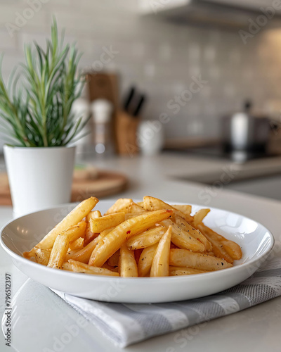 French fries in a plate in the kitchen