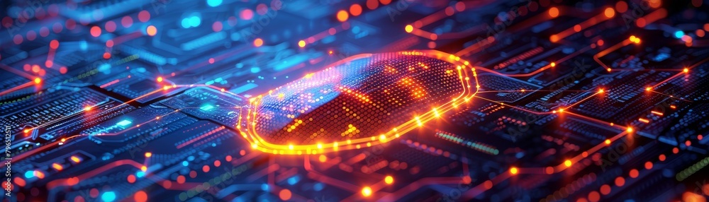 A computer chip with a blue background and orange lights A computer chip with a blue background and orange lights