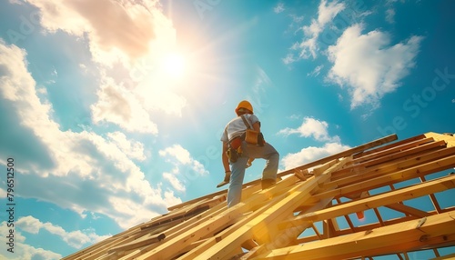 Roofer carpenter working on roof on construction site outdoors with sun flare and blue sky and copy space
