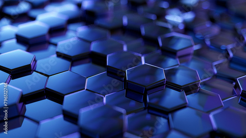 Geometric patterns of indigo hexagons shifting and morphing in a hypnotic display of digital artistry.