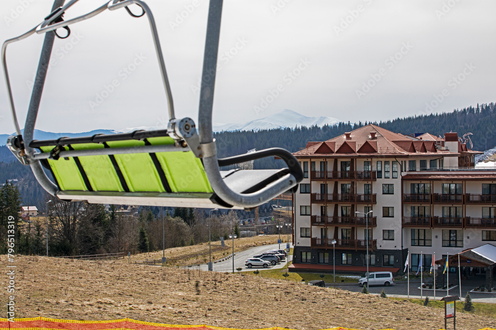 ski lift without people on a sunny day. Leisure. school break