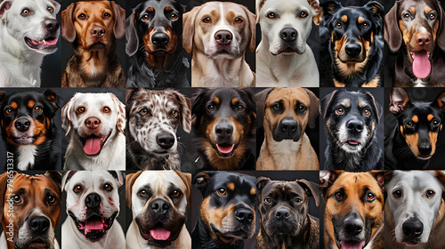 Collage of various dog breeds with different expressions and fur colors. Veterinary service advertisements emphasizing care for all breeds. Concept of animal theme, photo