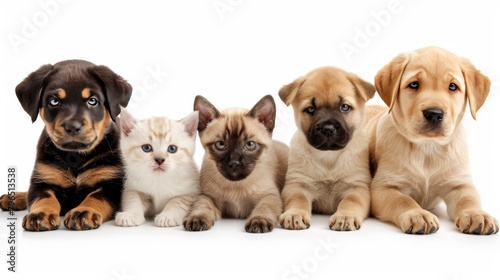 Assorted cats and dogs together in studio setting on white background with space for text