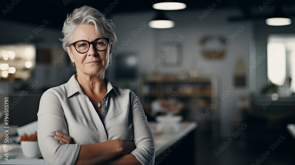 Portrait of an elderly gray-haired woman boss in the office. AI generated. Portrait of an elderly gray-haired woman boss in the office. AI generated.