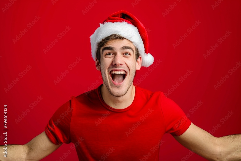 Holiday Cheer: Excited Young Man in Santa Hat. Generative ai Holiday Cheer: Excited Young Man in Santa Hat. Generative ai