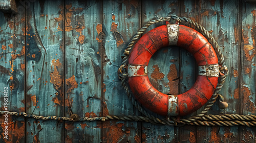 vintage lifebuoy on rustic blue wooden wall with peeling paint texture