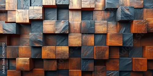 A wall made of wooden blocks with a brown and black color scheme