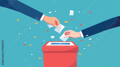 Vote ballot box. Hands putting votes into the box photo