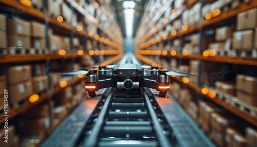 Automated Supply Chain Management, futuristic warehouse operated by robots and drones, 