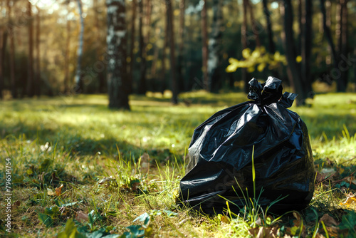 Litter in the forest, a single black plastic bag on the grass. concept of environmental pollution and the need for cleaner nature