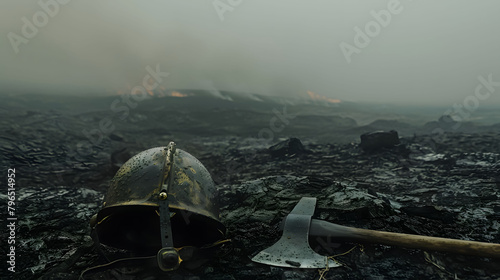 A wide-angle perspective of firefighting equipment strewn across a blackened landscape, the helmet and axe in the foreground, with a hazy, smoke-filled sky in the background, creating a cinematic photo