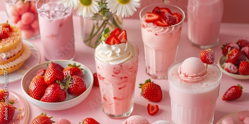Strawberry Smoothies and Cakes for Summer Refreshments  Delicious Strawberry Treats on Pink Background for Refreshing Summer Days